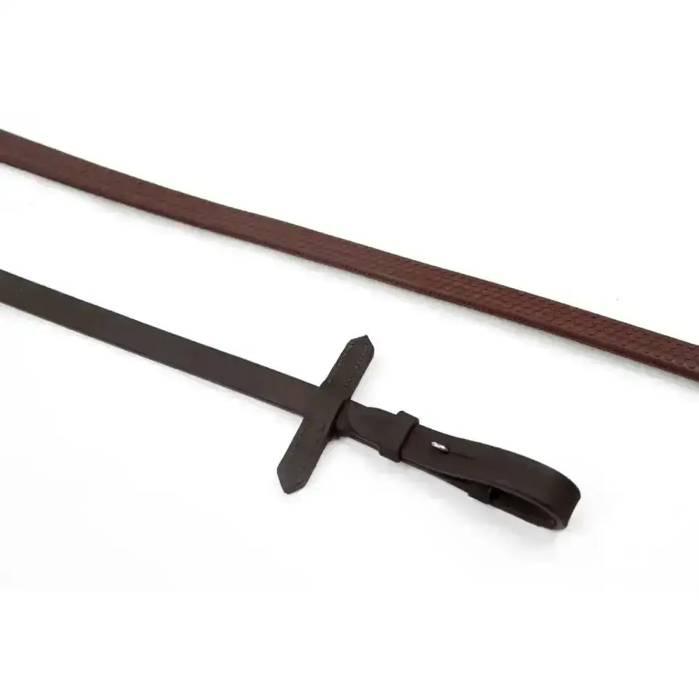 Brown leather whitaker ready rubber reins with raised dotted grip and black cross-shaped handle and buckle