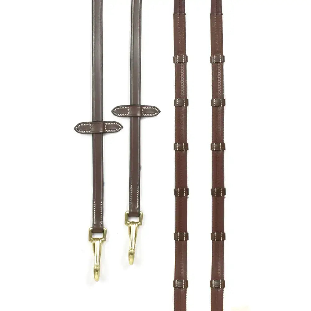 Brown leather reins havana whitaker rer0103 with brass snap clip and stitched detailing for secure grip