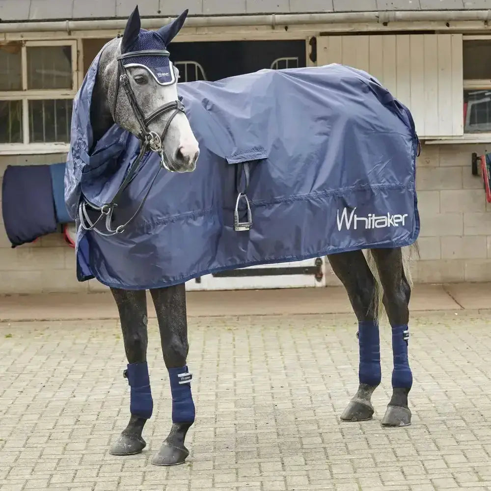 Navy blue whitaker rothwell roll-up rain sheet with reflective trim and adjustable single removable surcingle straps
