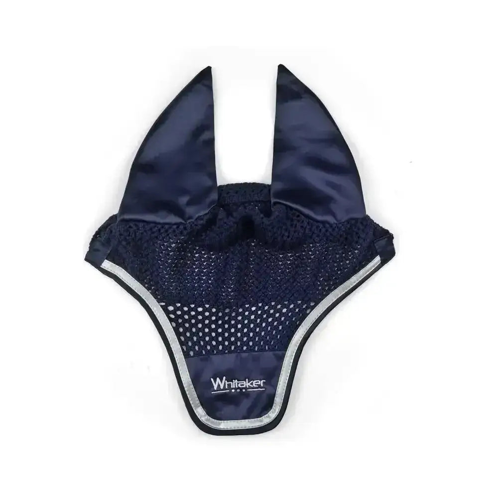 Navy blue mesh horse ear bonnet with satin trim and reflective silver piping from whitaker thornton fly veil navy silver