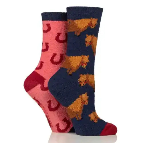 Wild Feet Ladies Cosy Socks Silicone Grip Pony With Horseshoes Socks