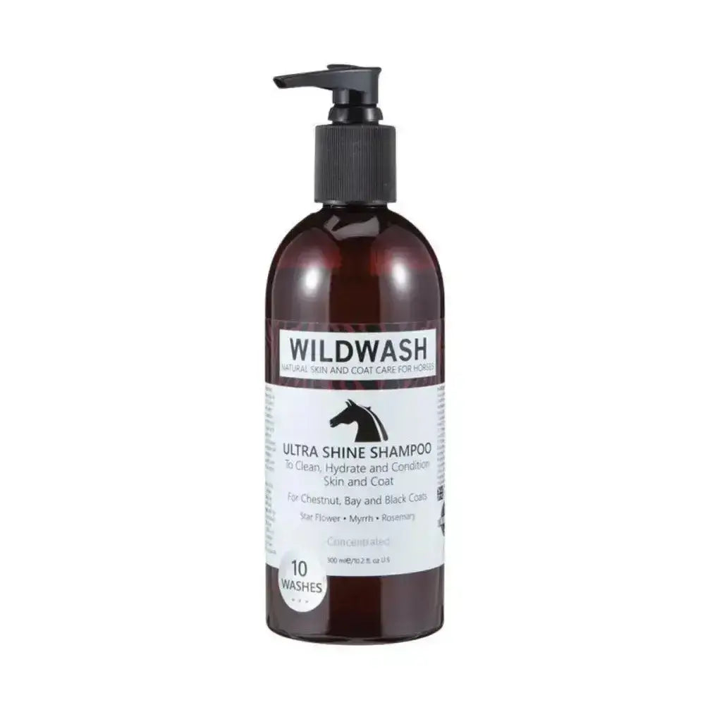 Dark amber wildwash horse shampoo bottle with black pump labeled ultra shine shampoo for natural coat colour care