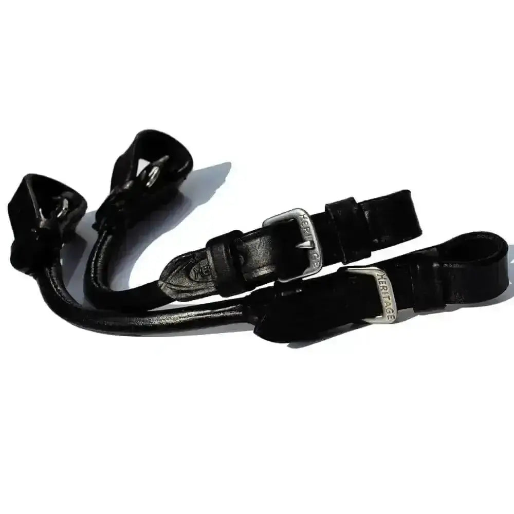 Black leather pelham roundings with silver buckles from windsor equestrian leather showing horsebit straps