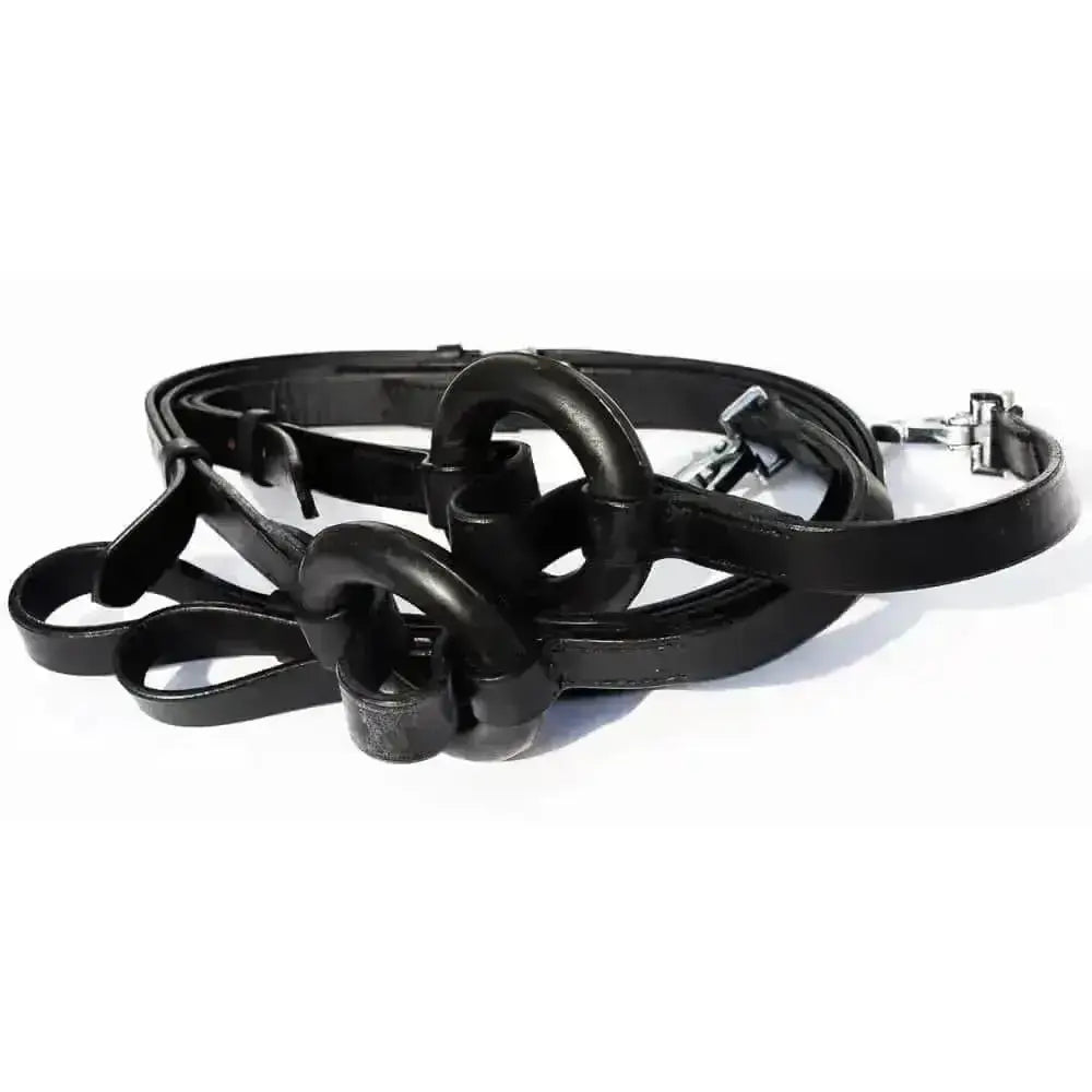 Black leather windsor equestrian leather side reins with interlocking metal rings and silver snaphook buckle hardware