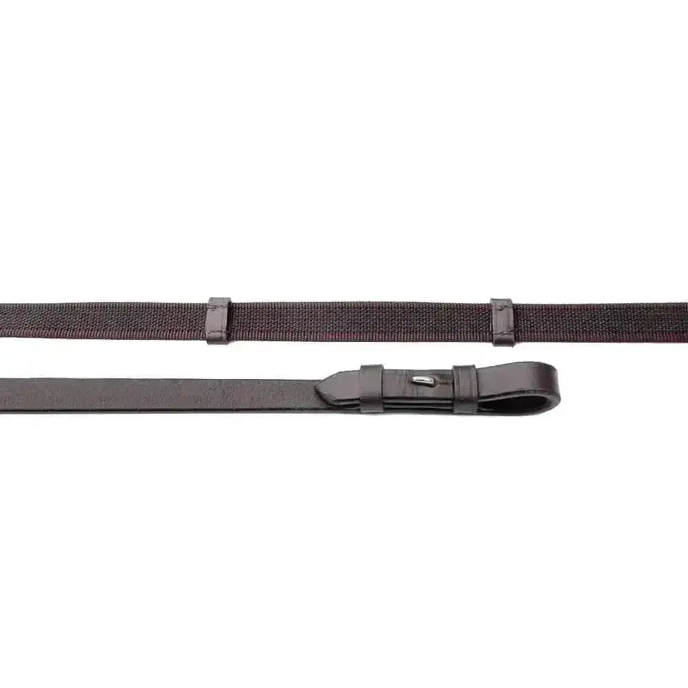 Black woven strap with leather buckle and metal hardware on windsor equestrian leather super grip reins