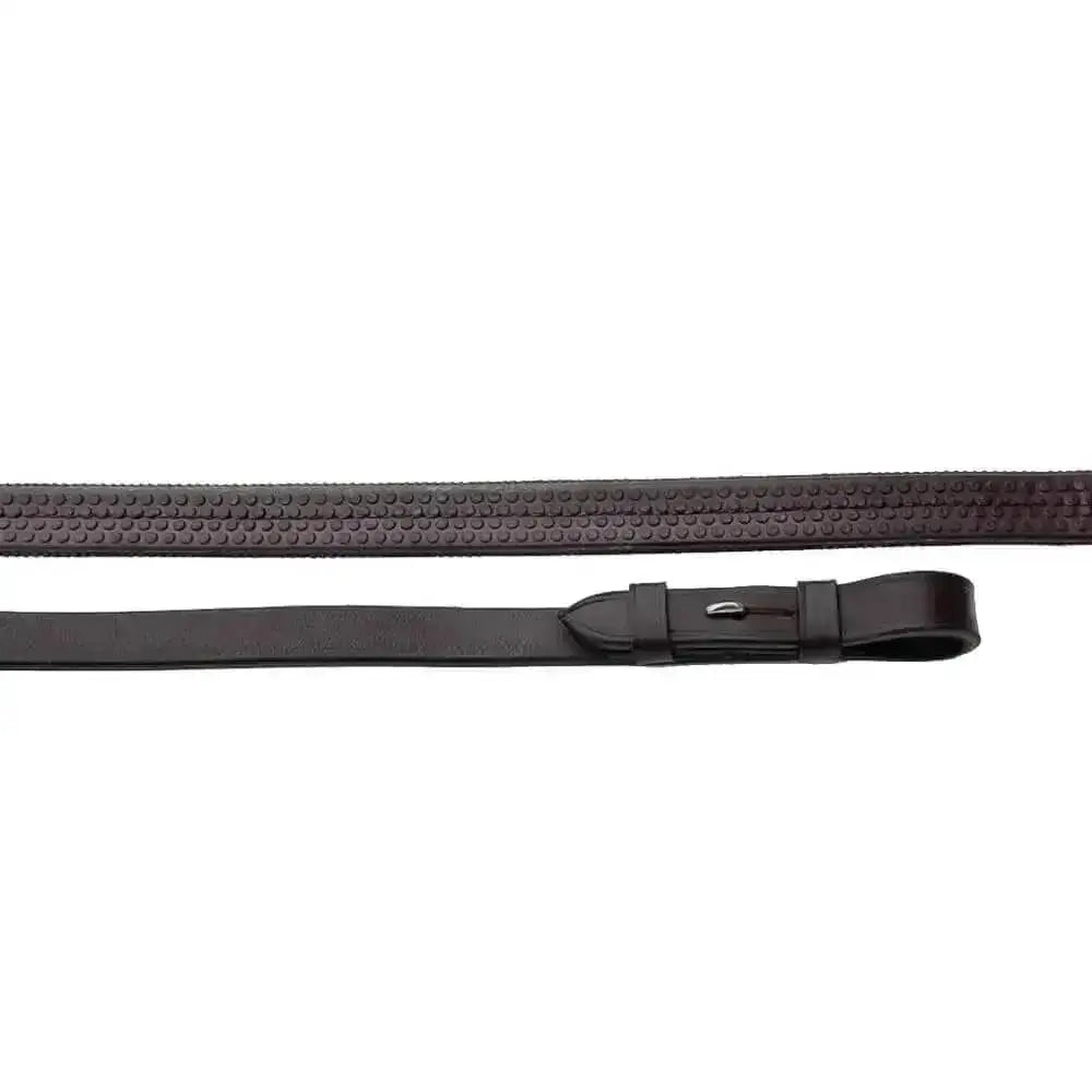 Black leather windsor equestrian rubber riding strap with dotted texture and silver buckle for rubber covered reins