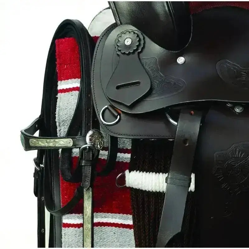Black leather windsor western saddle with ornate silver conchos and suede seat for comfortable riding gear set