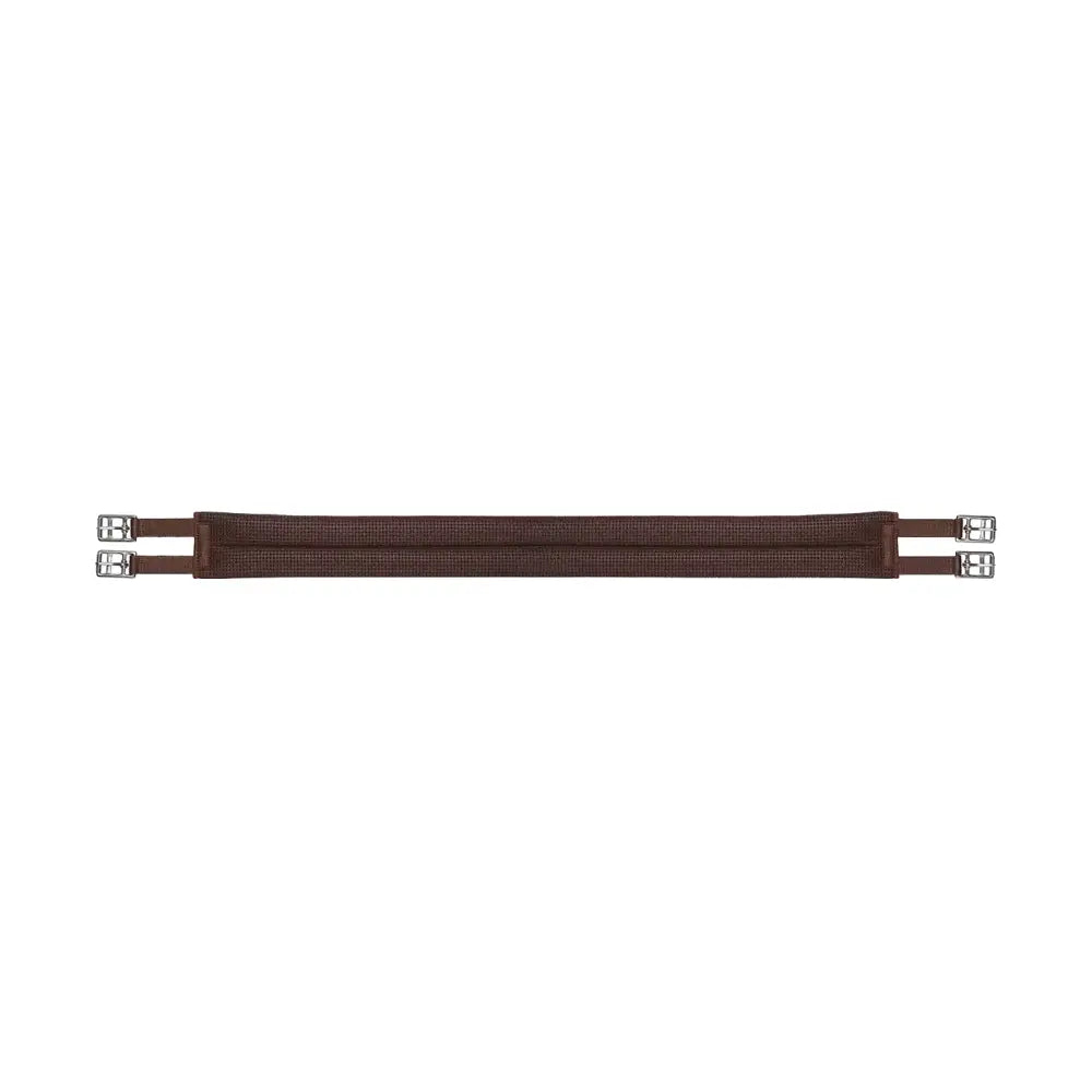 Brown leather wintec elastic girth with silver buckles featuring anti-galling material for increased comfort