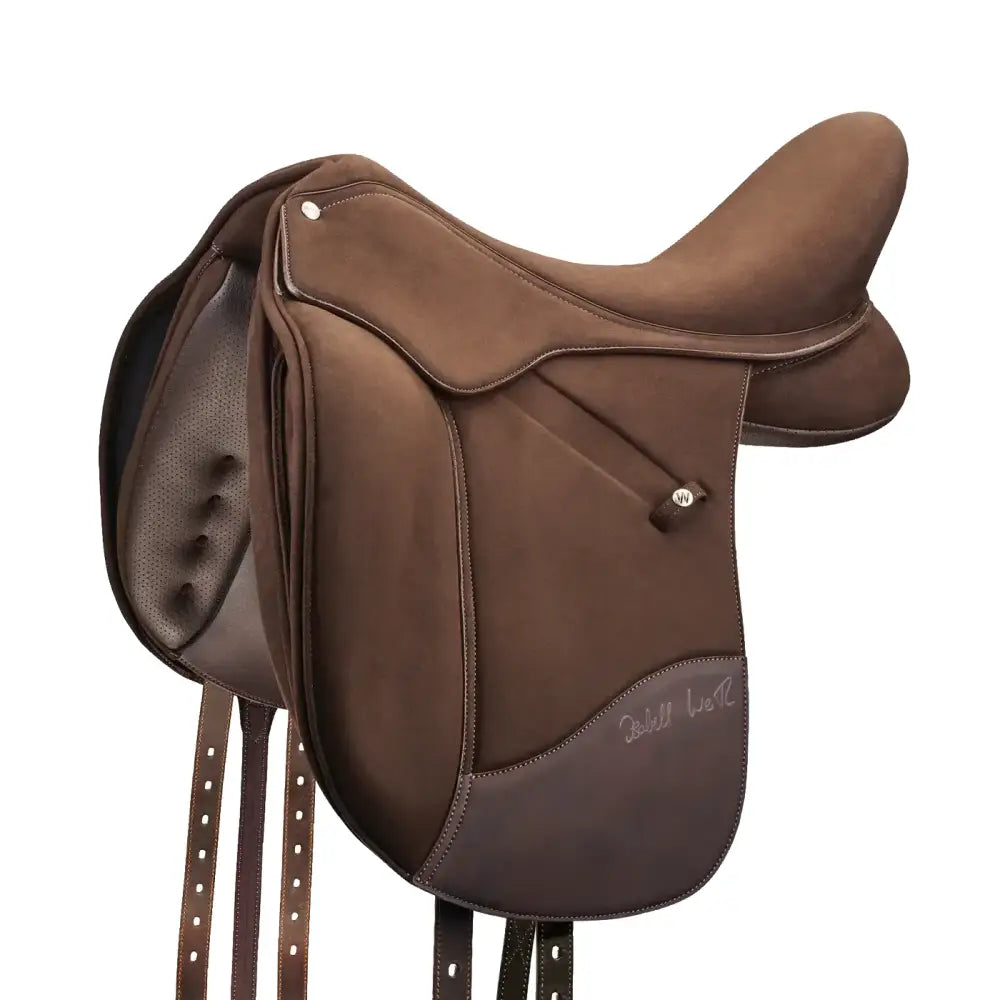Brown leather wintec isabell dressage saddle with smooth contoured design and subtle stitching for champion isabell werth fans