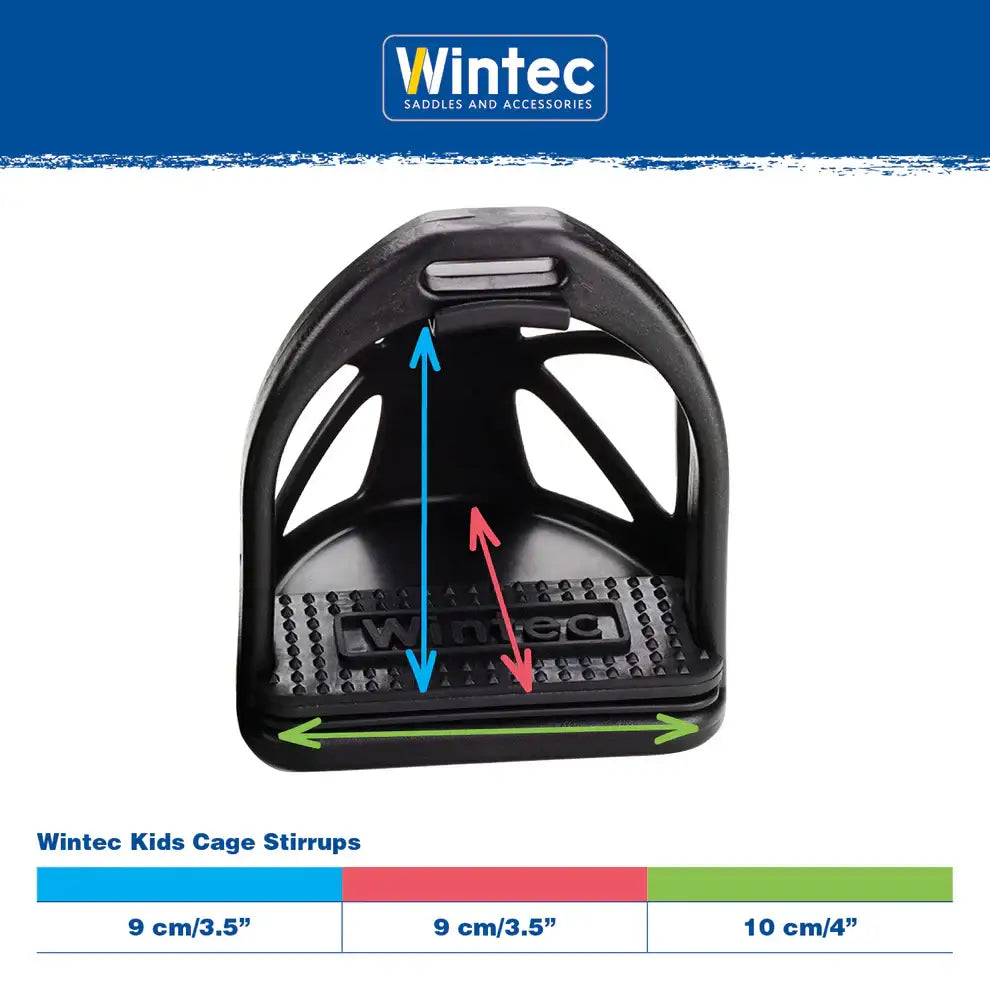 Black plastic wintec kids cage stirrups with textured non slip footbed and sturdy cage design for ultimate safety stirrup