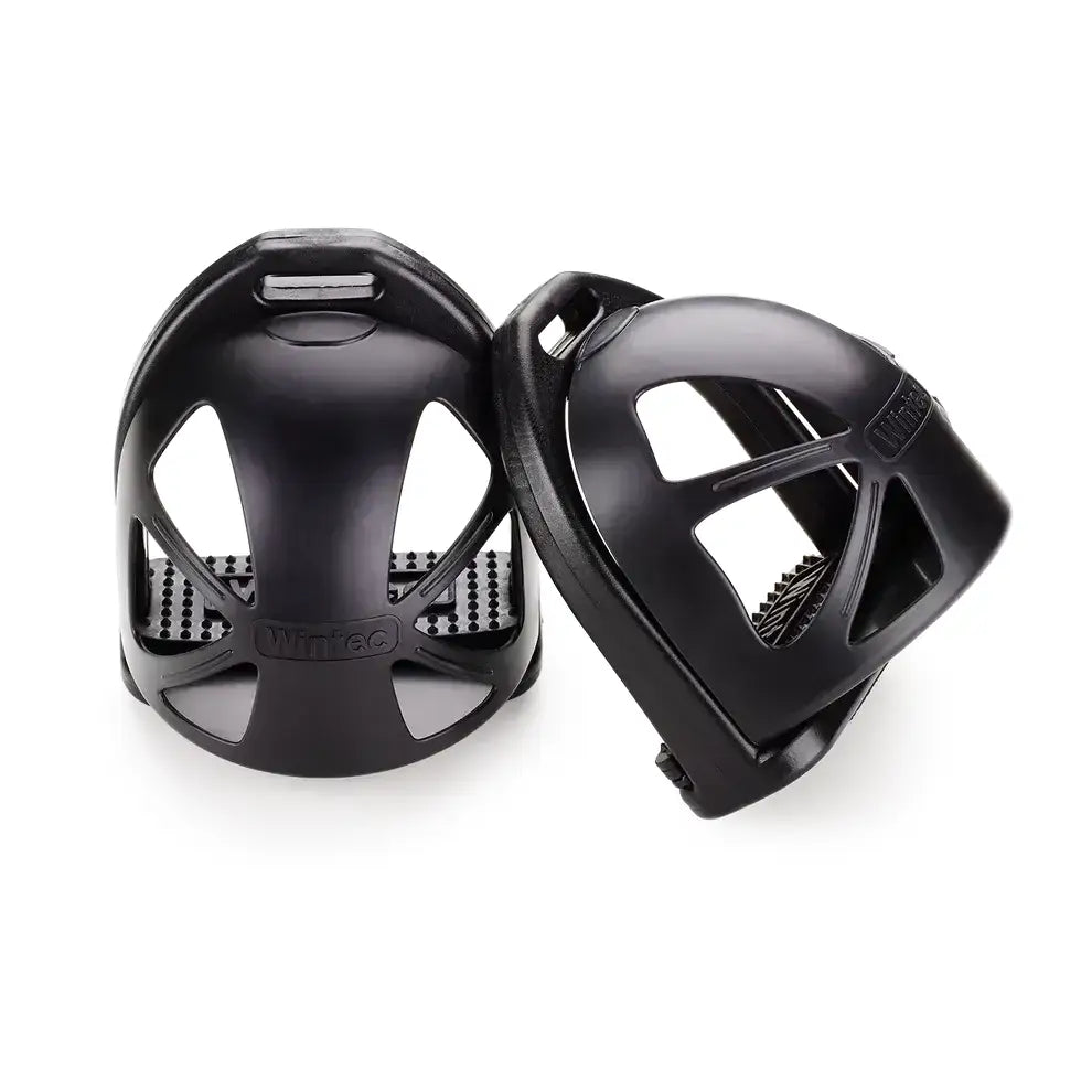 Black plastic wintec kids cage helmet with ventilation slots and adjustable straps for ultimate safety stirrup use