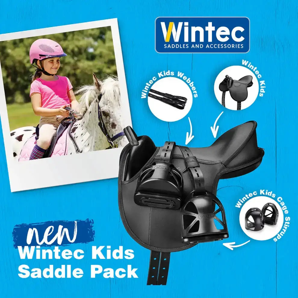 Black wintec kids saddle pack with adjustable straps and safety cage stirrups for comfortable riding