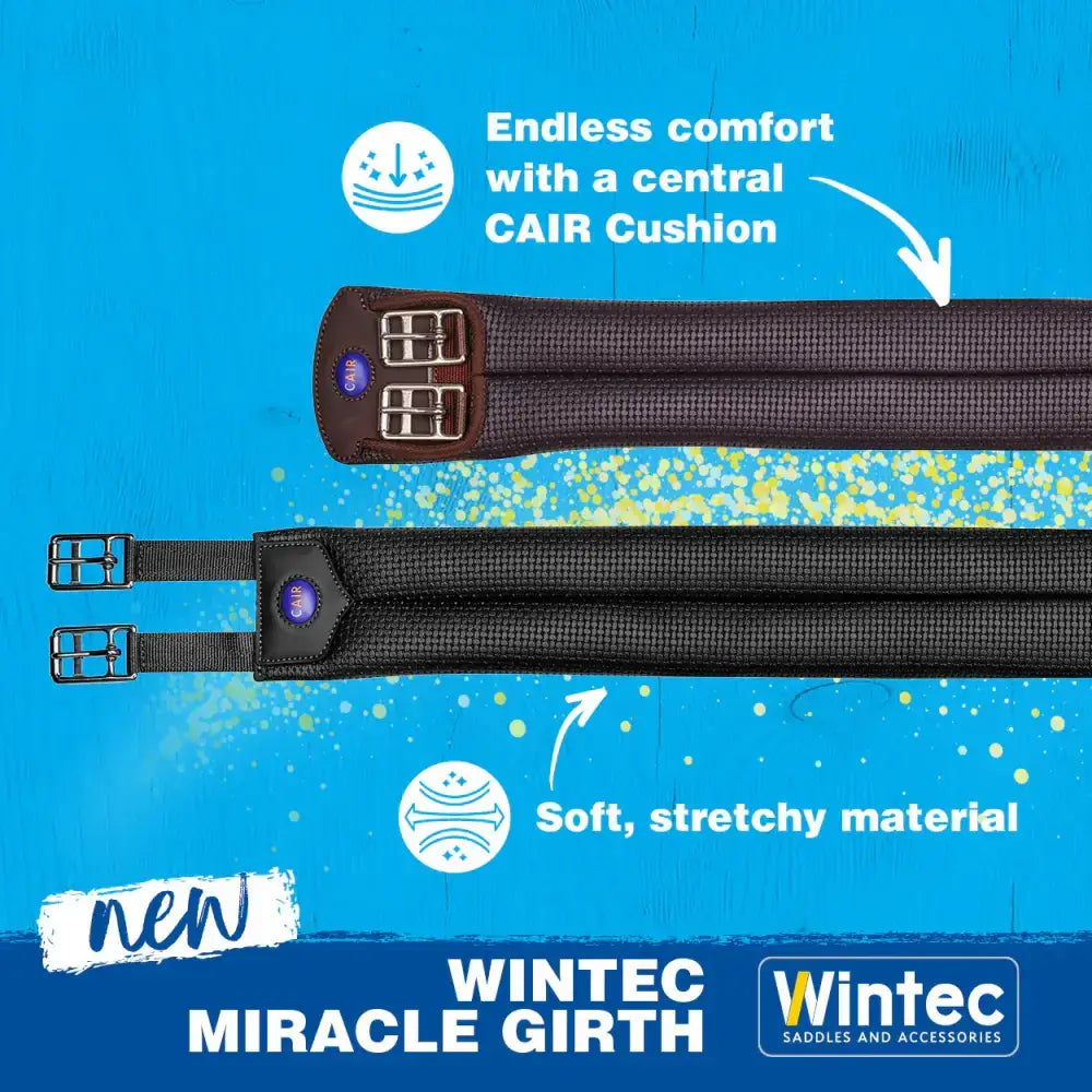 Black and brown wintec miracle girth with central cair cushion made of anti-galling material for increased comfort