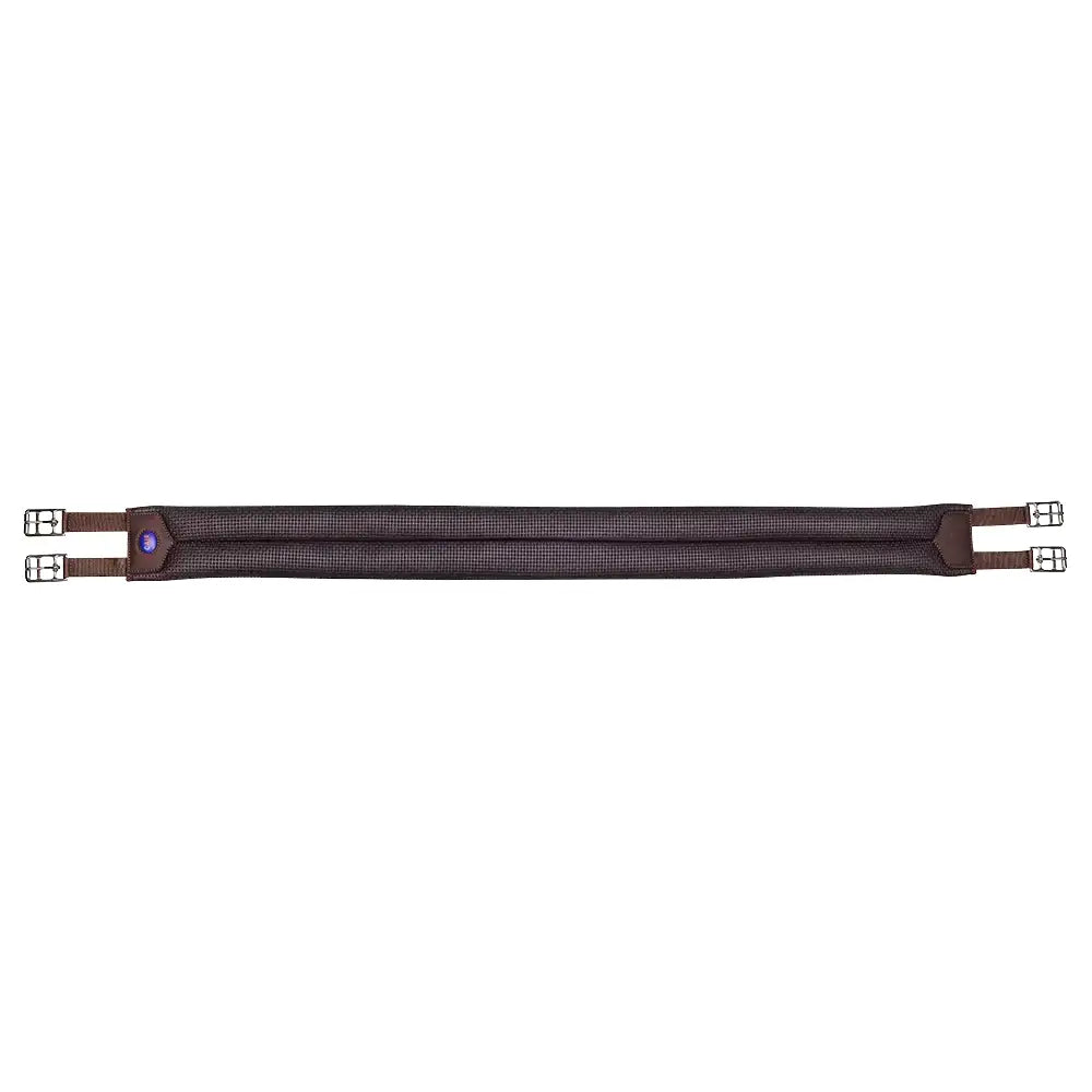 Dark brown leather wintec miracle girth featuring a purple gemstone accent and anti-galling material for increased comfort