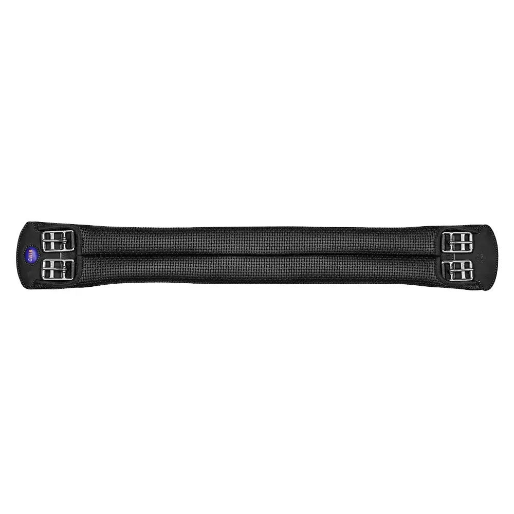 Black wintec miracle girth with textured woven surface and silver buckles designed to dramatically improve pressure distribution