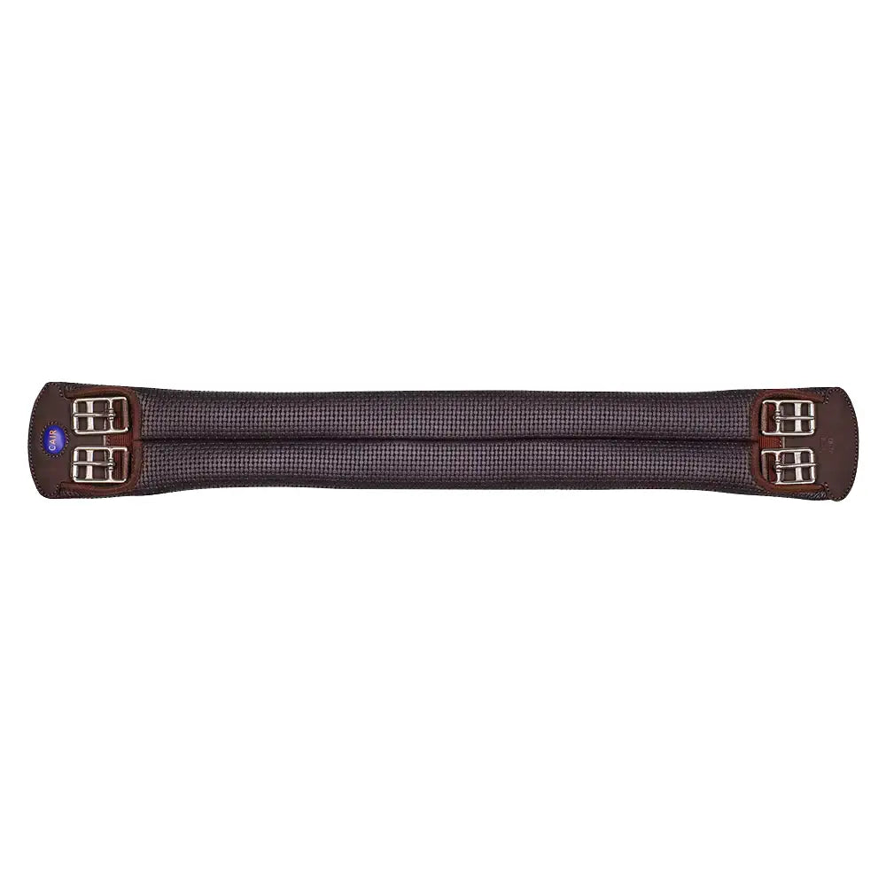 Dark gray woven wintec miracle girth with brown leather edges and silver buckles for scientifically proven horse comfort