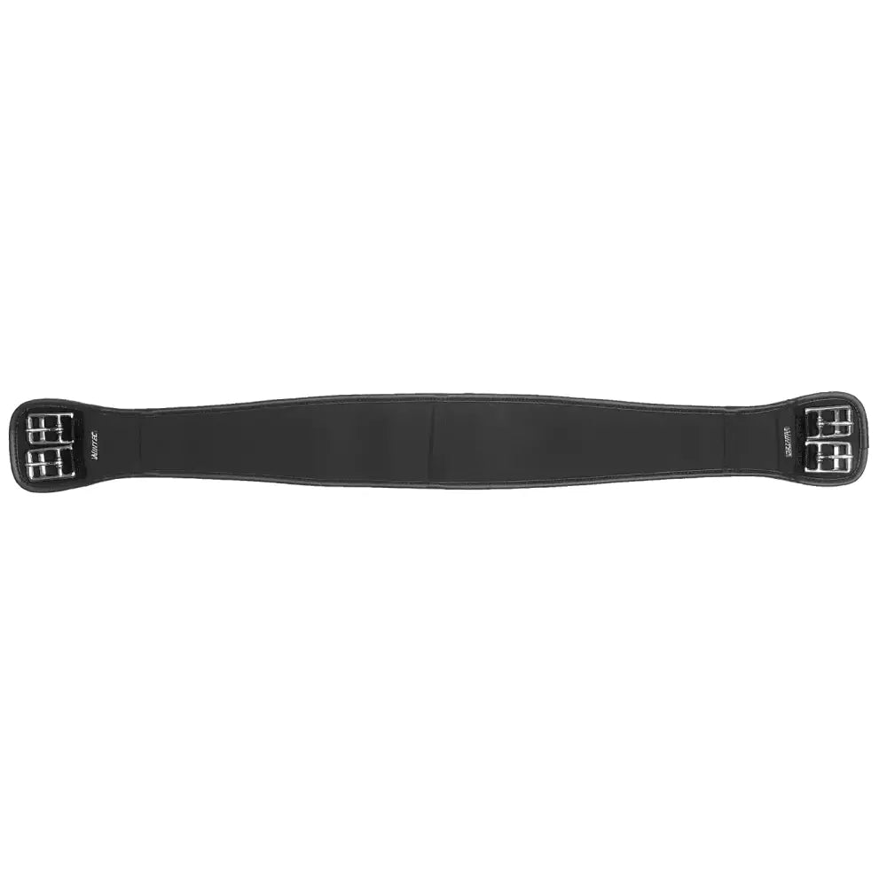 Black leather wintec pro chafeless elastic girth with white stitching and silver metal buckles for comfort and fit