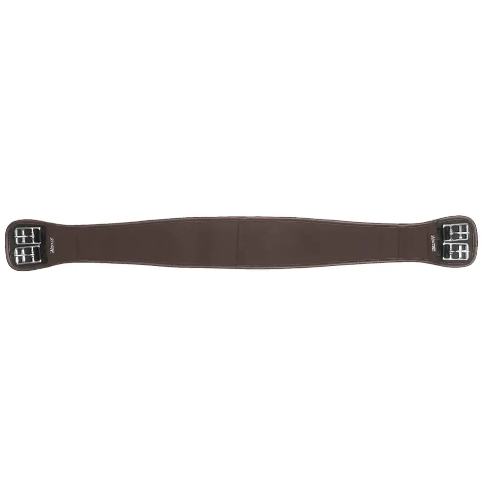 Brown leather wintec pro chafeless saddle pad with black metal buckles and white stitching for elastic girth use