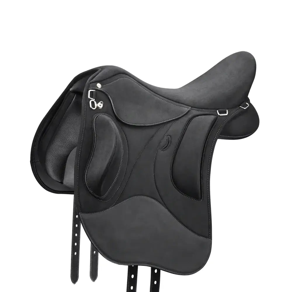 Black leather wintec pro endurance dressage saddle with sleek contoured design and silver hardware