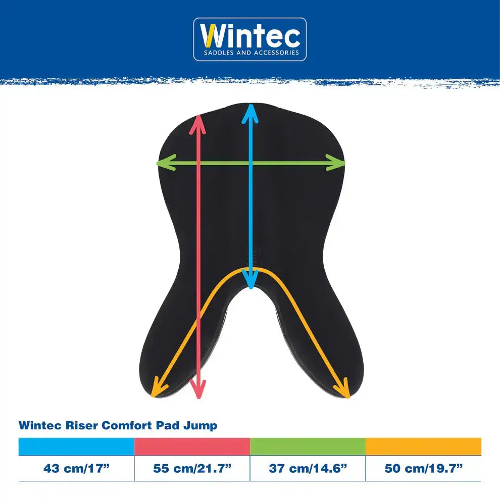 Black wintec riser comfort pad jump with colored measurement lines showing dimensions for dressage and all purpose use