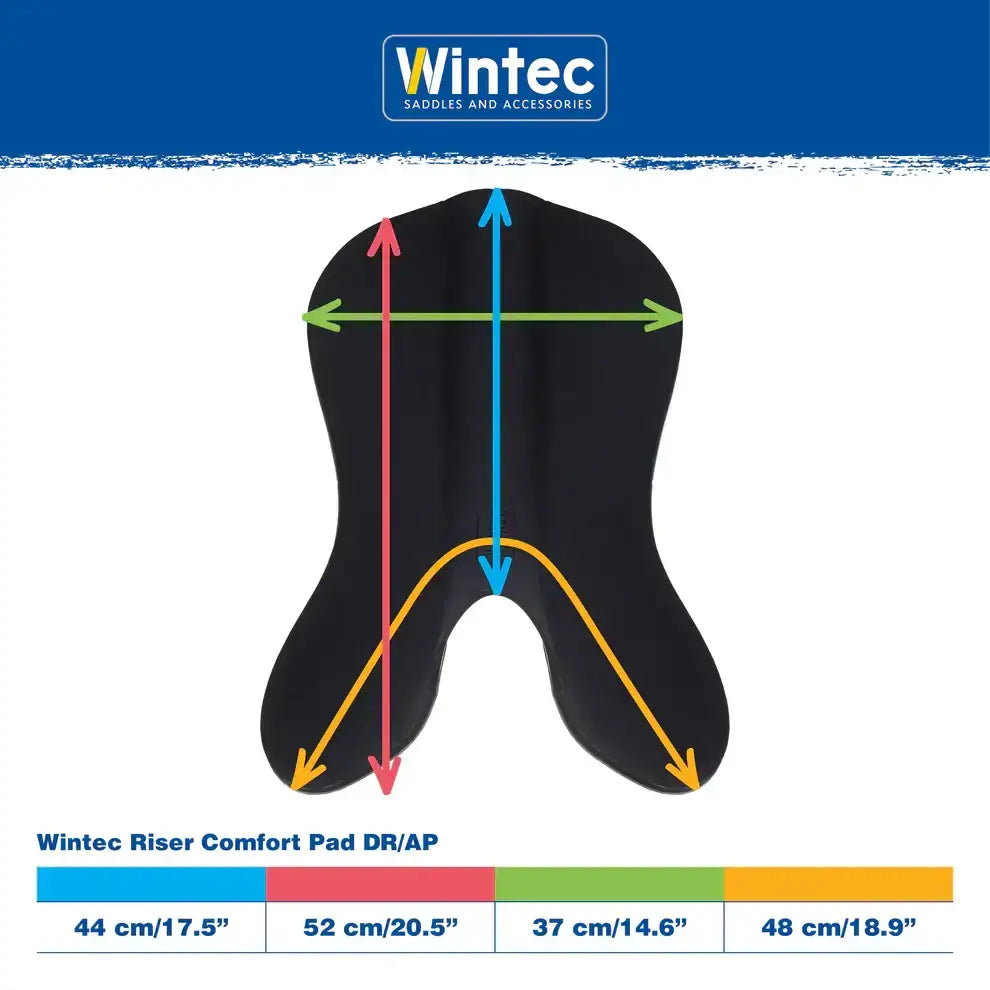 Black wintec riser comfort pad jump saddle with molded contours and dimension markings for added support