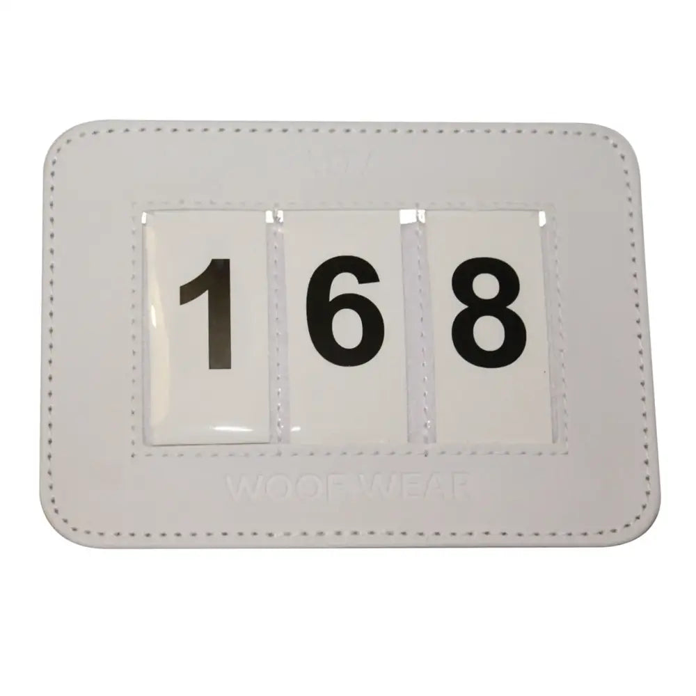 White leatherette woof wear dressage number holder showing digit dressage number 168 in 3 digit style