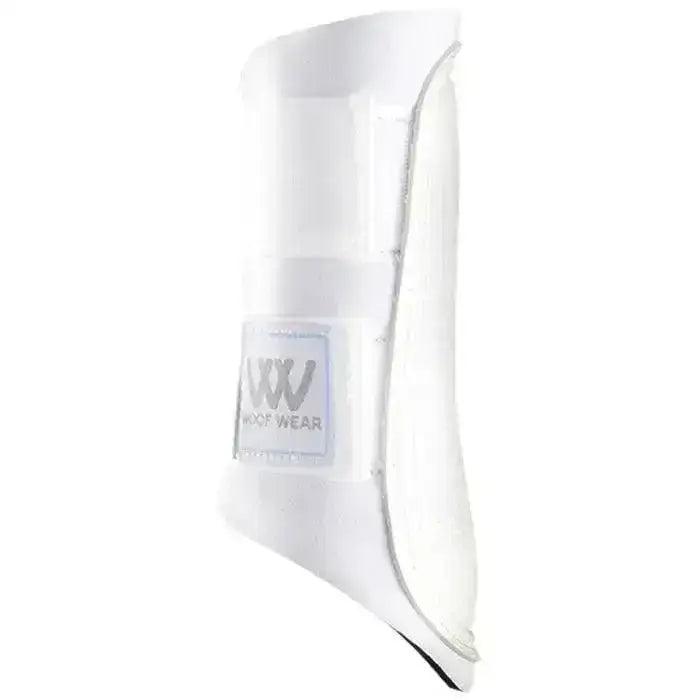 White woof wear club brushing boots with sleek padded design and subtle silver stitching for hoof protection