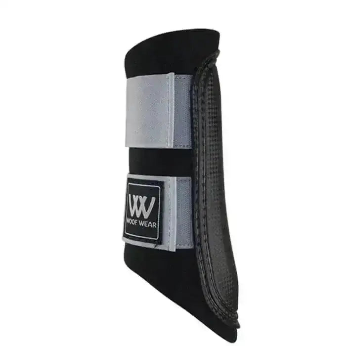 Black woof wear club brushing boots with gray reflective straps and branded patch perfect for matchy matchy look