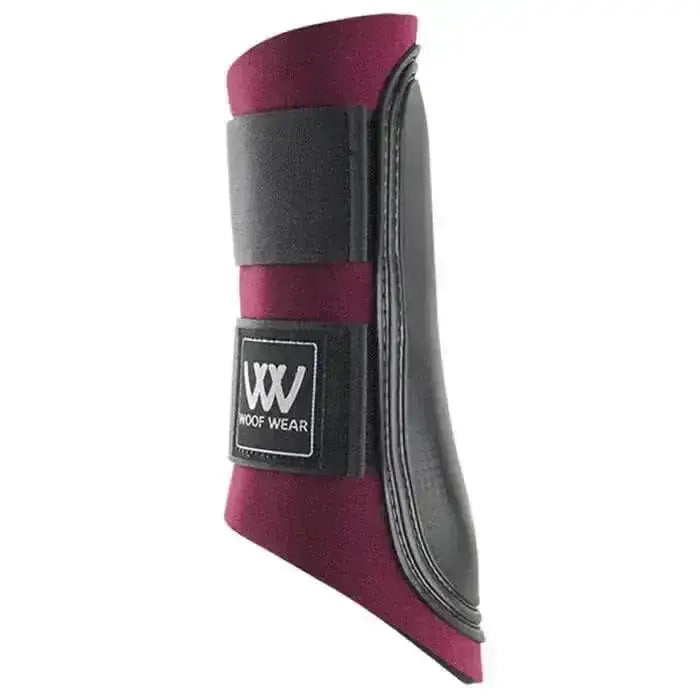 Maroon and black woof wear brushing boots with padded interior, reinforced leather, and adjustable strap closure from woof wear club