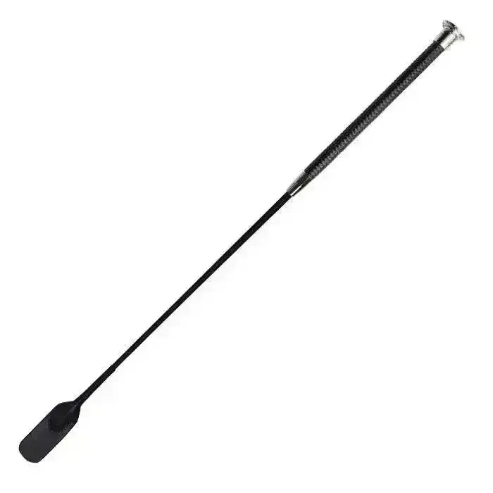 Black woof wear diamond riding whip with textured grip and silver metal tip for dressage use