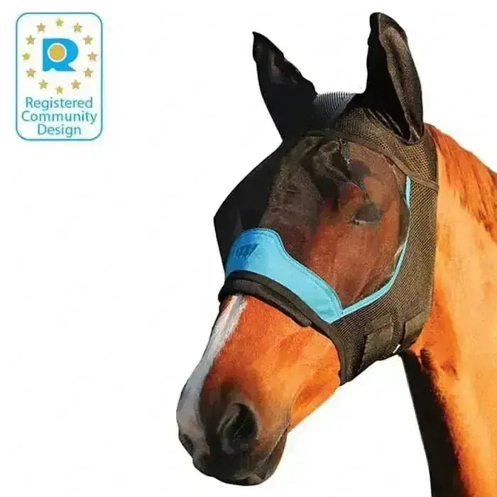 Black mesh woof wear fly mask with ears features light blue trim and adjustable straps for horse fly masks protection using latest fabric technology