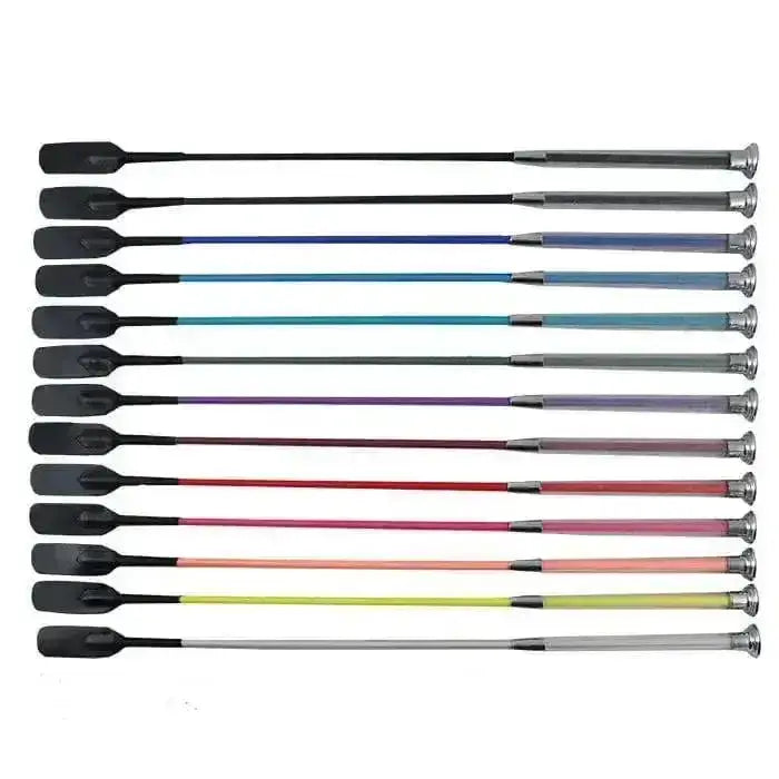 A set of woof wear gel fusion fusion riding whips with brightly colourful shafts and black rubber handles