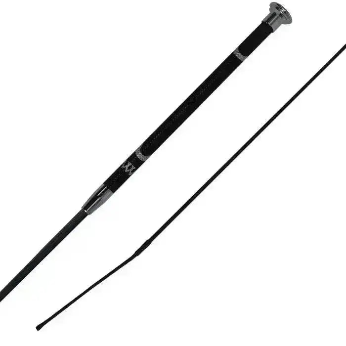 Black woof wear harmony resolute dressage whip with sleek textured grip and silver metallic ferrule at top
