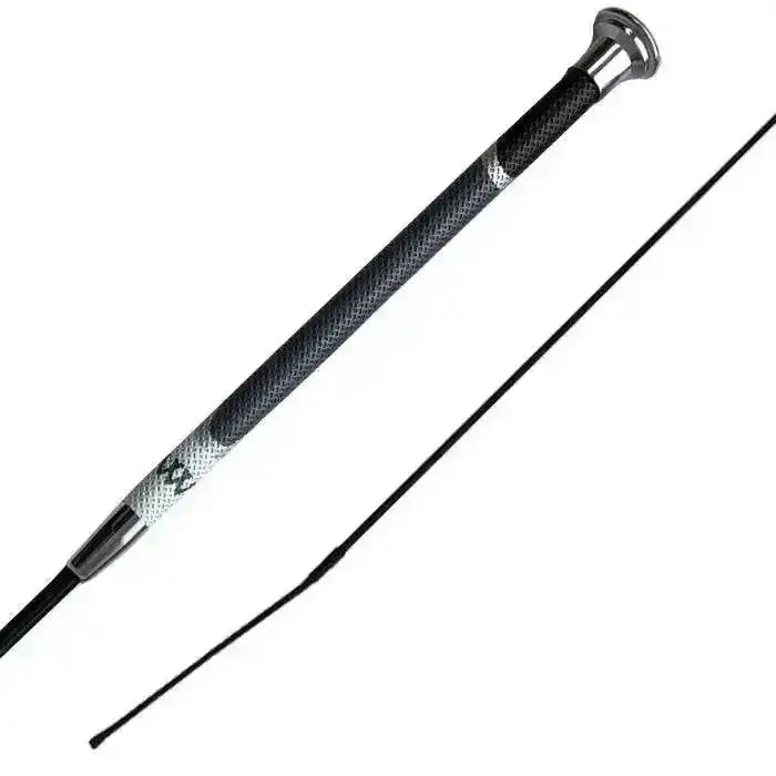 Black woof wear harmony resolute dressage whip with textured grip and silver metallic handle for dressage use
