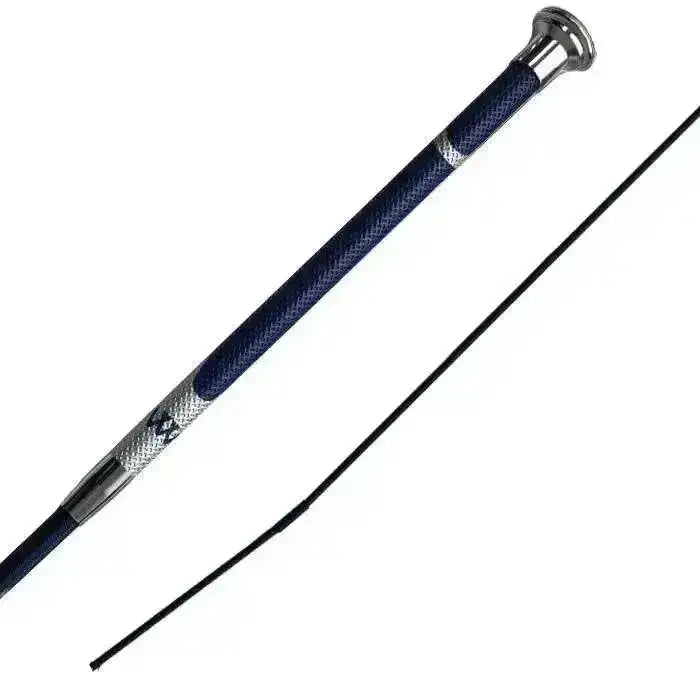 Navy blue textured grip woof wear harmony resolute dressage whip with silver accents and curved black leather strap
