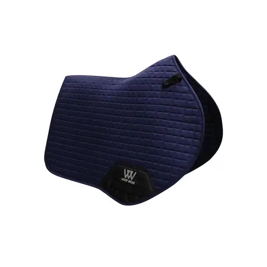 Navy blue quilted woof wear pro close contact saddle pad with black logo patch and anatomic high wither fit