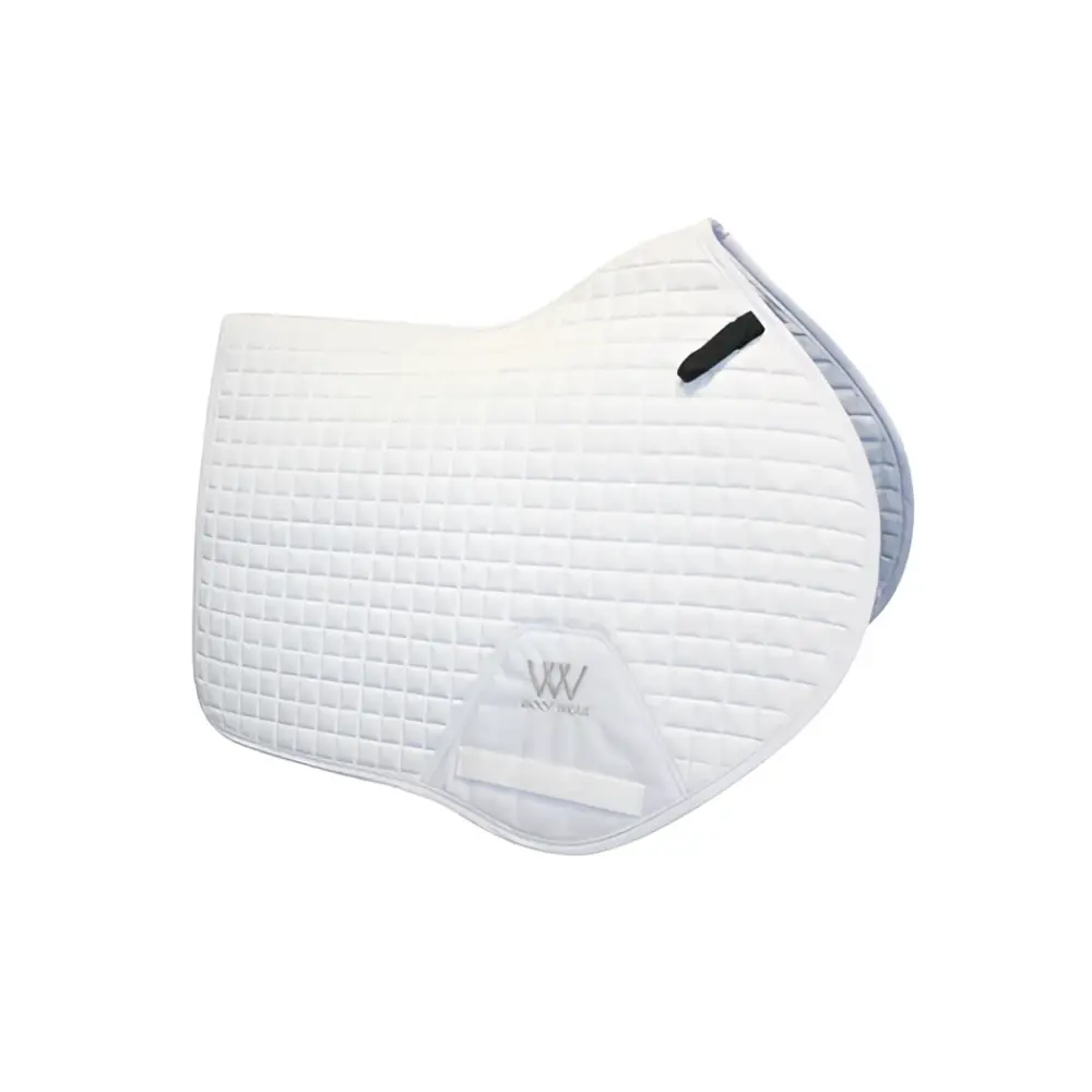 White quilted woof wear pro close contact saddle pad with subtle gray trim black strap and anatomic high wither design