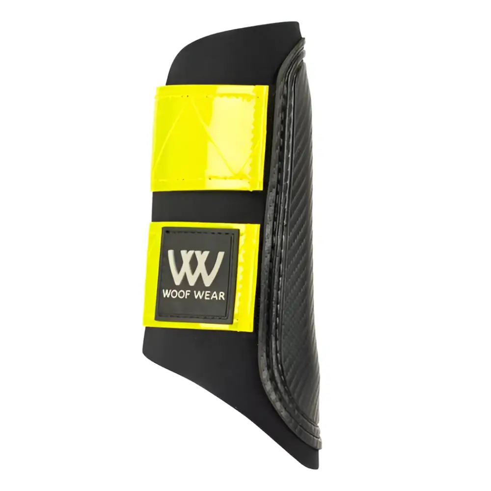 Black woof wear reflective club boot with bright yellow reflective strip and logo patch for brushing boots