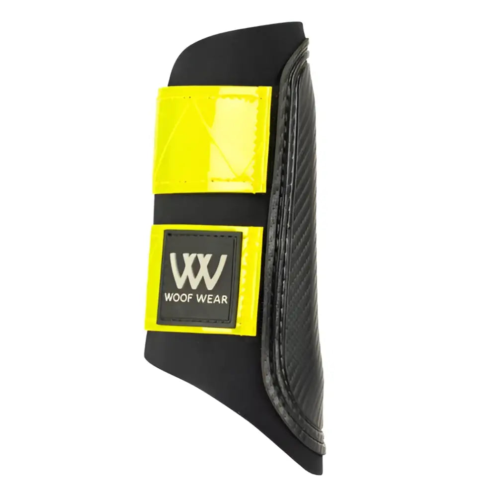 Black woof wear reflective club boot with yellow strip and logo patch for horse brushing boots use