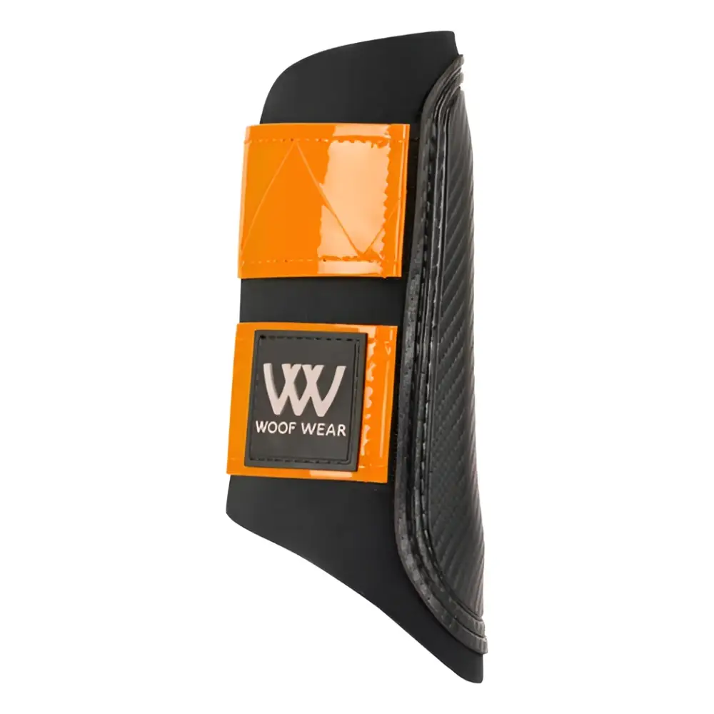 Black woof wear reflective club boot with bright orange reflective panels and woof wear logo patch for brushing boots