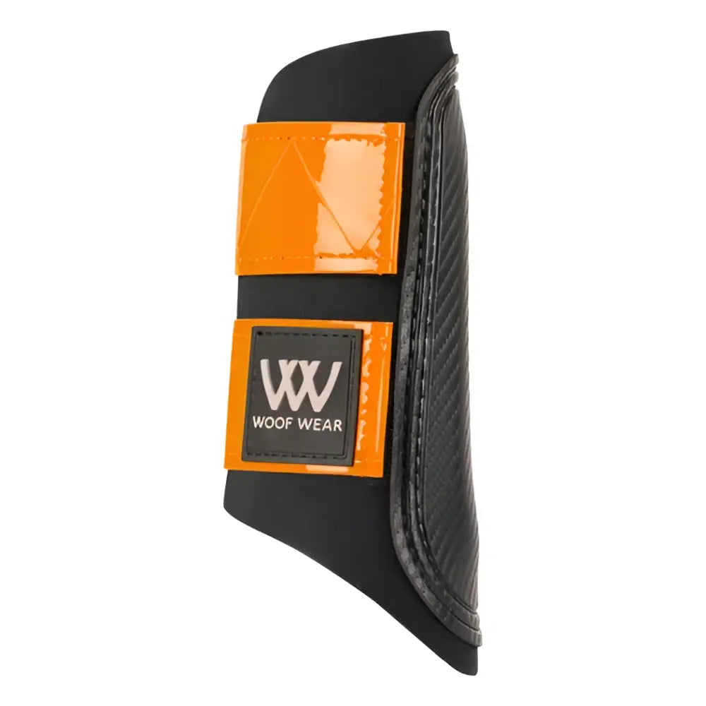 Black woof wear reflective club boot with bright orange reflective panels and logo patch for brushing horses