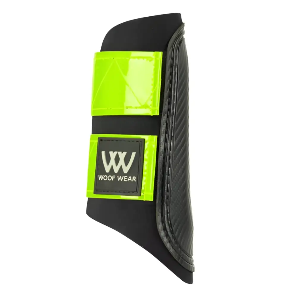 Black woof wear reflective club boot with neon green reflective panels and logo patch for brushing horses