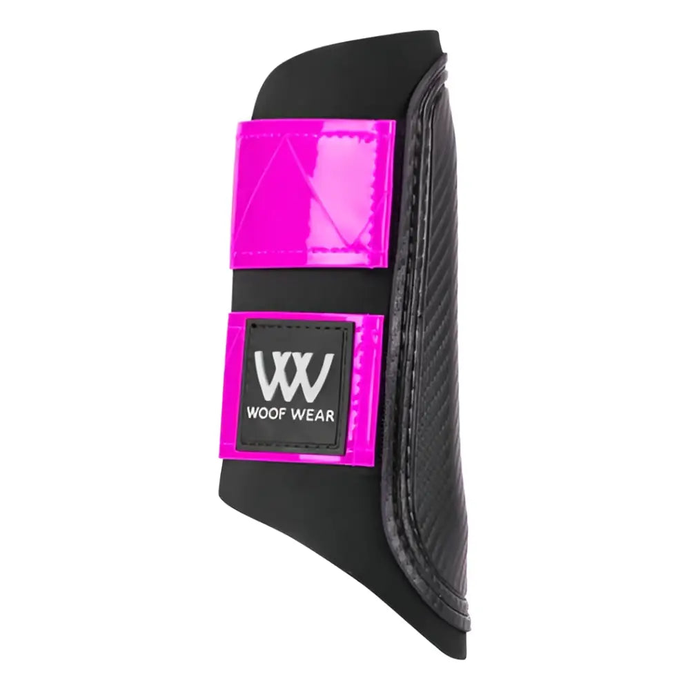 Black boot brushing boots with vibrant pink reflective panels and woof wear reflective club boot logo patch