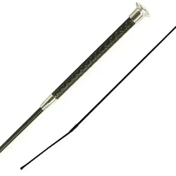 Black leather woof wear reptile dressage whip with silver metal ferrule and faux snake skin patterned handle