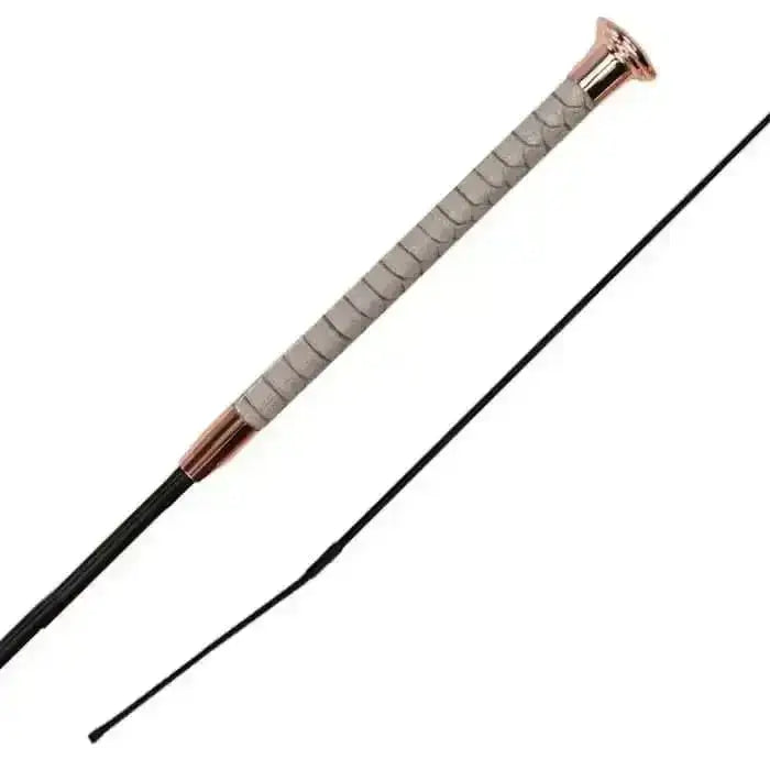 Gray textured grip with rose gold accents on woof wear reptile dressage whip patterned faux snake skin handle