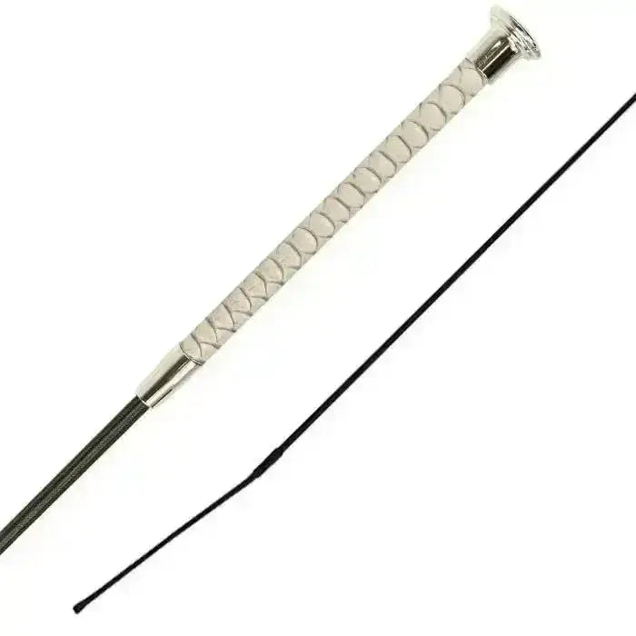 Woof wear reptile dressage whip with silver handle, textured diamond grip, and black braided leather strap