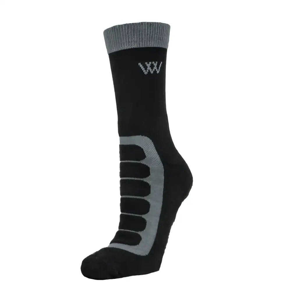 Black woof wear short bamboo tech riding sock with gray cuff and waffle knit reinforced arch support panels