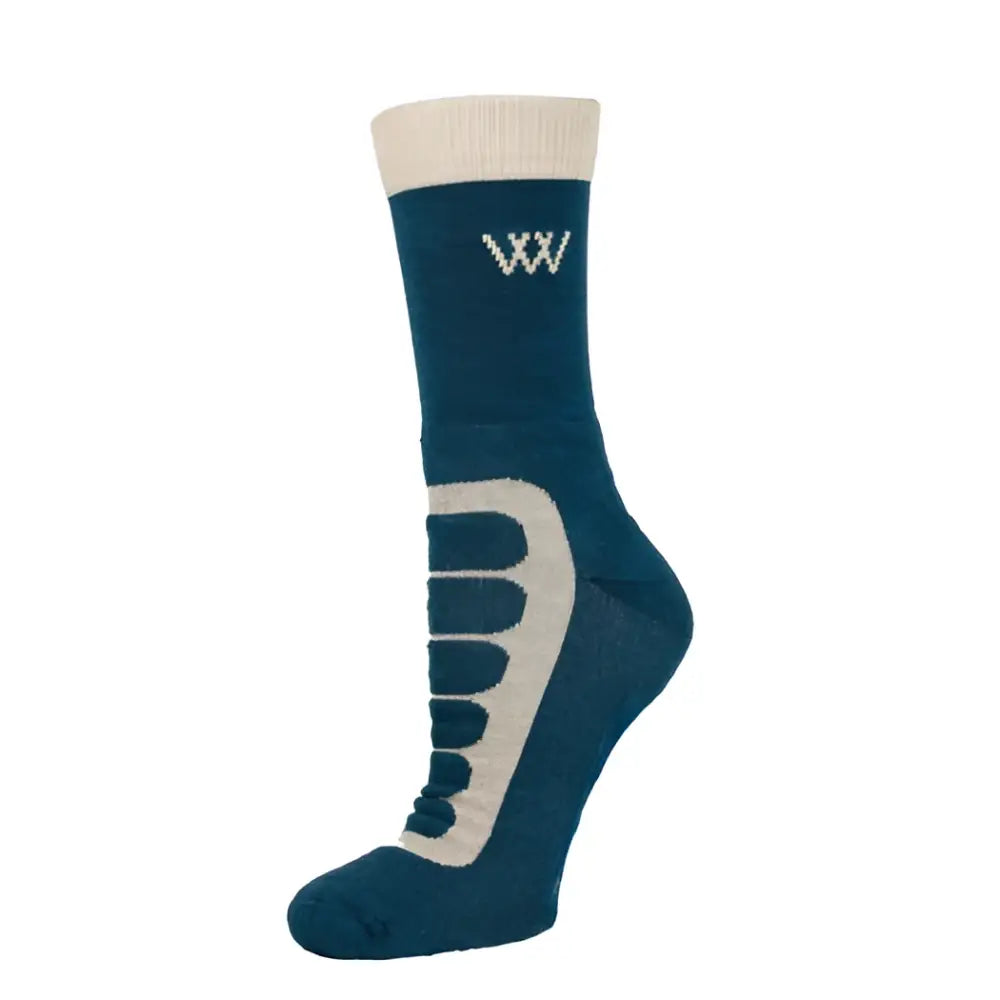 Deep teal woof wear short bamboo tech riding sock with cream waffle knit cuff toe and white w logo on ankle