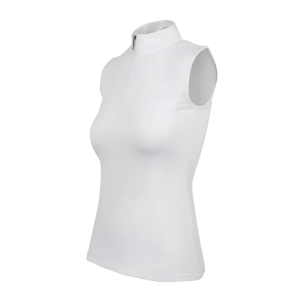 White sleeveless high-neck top with zipper made from iflex pro fabric in woof wear sleeveless tech riding shirt