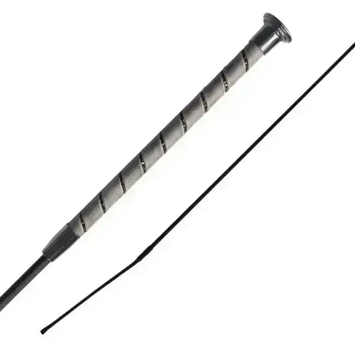 Silver-toned woof wear stealth dressage whip with faux leather textured spiral grip and polished metal tip
